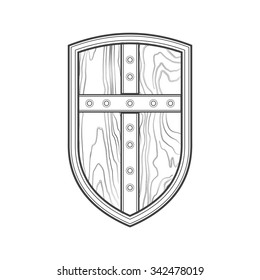 vector monochrome contour medieval wooden textured metal cross warrior Crusader shield isolated black outline illustration on white background
