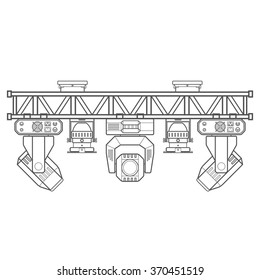 vector monochrome contour metal frame concert stage truss lighting moving head led par UV spotlight various position isolated white background  