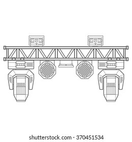 vector monochrome contour metal frame concert stage truss lighting moving head led par UV spotlight various position isolated white background  