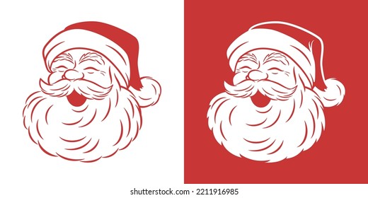 Vector Monochrome Cute Funny Smiling Peeking Santa Claus Head Icon. Design Template for Holiday Merry Christmas and Happy New Year Greeting Cards, Stickers, Banners