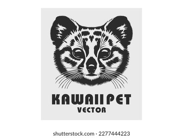 Vector monochrome cute kawaii portrait of a beautiful mustachioed animal. Zoo logo or sticker. White isolated background.