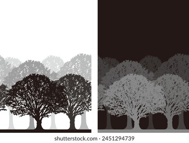 Vector Monochrome Daytime And Night Time Seamless Forest Silhouette Background Illustration Set With Text Space. Horizontally Repeatable.