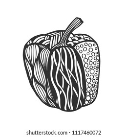 Vector Monochrome Decorative Bell Pepper with Beautiful Pattern. Hand Drawn Ornate Vegetable