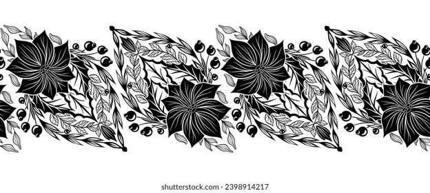 Borde de vacaciones decorativo monocromo vectorial con flores de poinsettia. Brisa de tracería sin foco con estrellas florales negras de Navidad, follaje, bayas y ramas aisladas de fondo 
