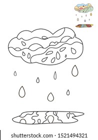 Vector monochrome decorative illustration. Black and white coloring book for kids or adults, which contain outline image for coloring. Fabulous cloud with autumn puddle and rain with big drops.