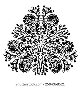 Vector monochrome decorative illustration of floral mandala isolated on white background. Ornate floral circle clip art with foliage in black colors for invitations, cards and stickers