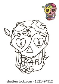 Vector monochrome decorative illustration for Halloween. Black and white coloring book for kids or adults, which contain outline image for coloring. Black and white skull with candles and roses.