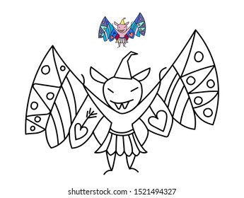 Vector monochrome decorative illustration for Halloween. Black and white coloring book for kids or adults, which contain outline image for coloring. Fabulous hat with opened wings.