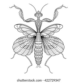 Vector Monochrome Decorative Indian Flower Mantis. Drawing Mantis Isolated On Transparent Background. Zentangle Style