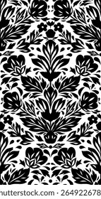 Vector monochrome decorative pattern with flower arrangement. Seamless texture with black print of stylized flowers in folk art style for wallpaper, fabric and wrapping