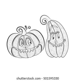  Vector monochrome decorative pumpkins in Zen doodle style. Halloween Decorations 