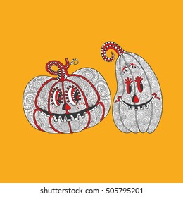 Vector monochrome decorative pumpkins in Zen doodle style on orange background. Halloween Decorations
