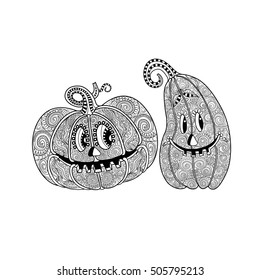 Vector monochrome decorative pumpkins in Zen doodle style on white background. Halloween Decorations
