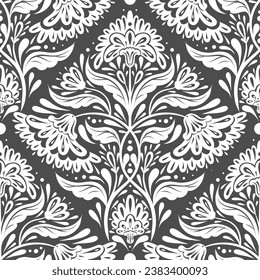 Vector monochrome decorative seamless pattern with flower arrangement. Folk art lace texture with symmetrical orange flowers and stems with foliage for wrapping paper.