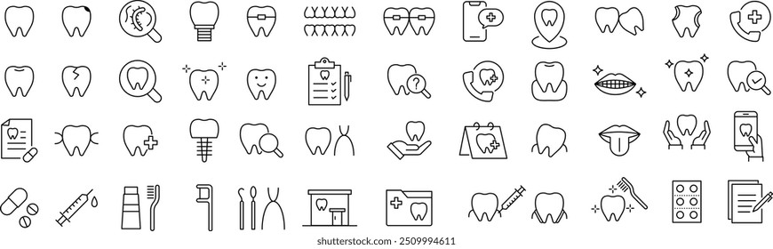 Vector Monochrome Dental Line Icon Set