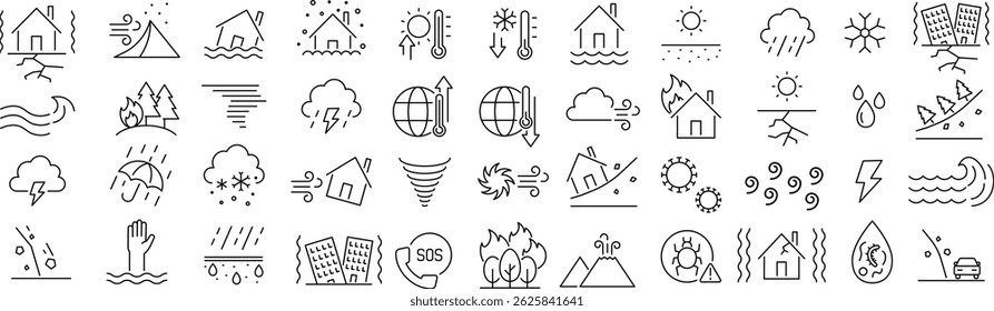 Vector Monochrome Disaster Line Icon Set