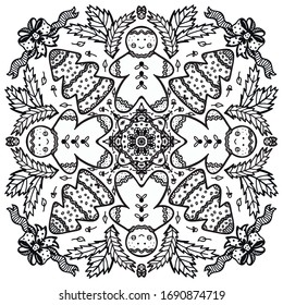 Vector monochrome doodle mandala illustration. Christmas elements, christmas cookies, gingerbread man. Book for decoration, coloring, antistress.