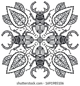 
Vector monochrome doodle mandala illustration. Beetles, insects, beetle with horns. Coloring book antistress, meditation, relaxation.