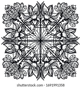 Vector monochrome doodle mandala illustration. Lotus, water lily, lotus flowers. Coloring book antistress, meditation, relaxation.