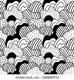 Vector monochrome doodle seamless pattern in hand-drawn style. Black and white texture with lines and dots