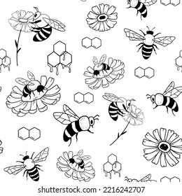 Vector monochrome doodle seamless pattern. Honey bee isolated on white.