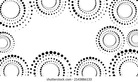 Vector. Monochrome dots in the form of a circle. Round geometric perforated stencil, dotted frame, web banner, poster, cover, social media splash screen with copy space for text. Dynamic background.