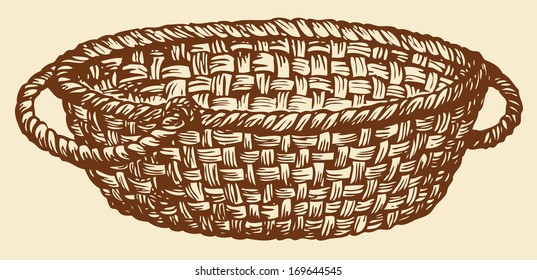 Vector Monochrome Drawing. Empty Wicker Basket