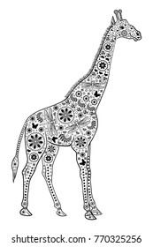 Vector monochrome drawing of a giraffe with patterns in the style of Zentangle