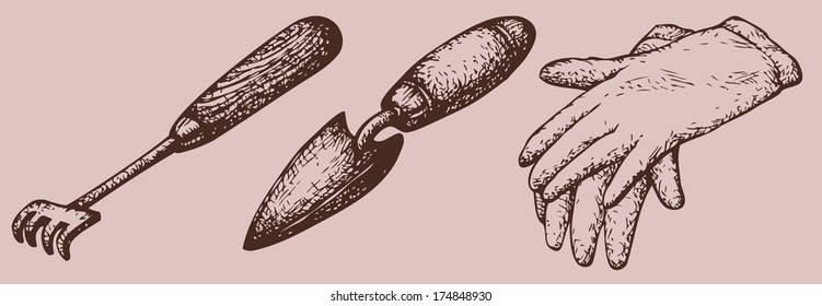 Vector monochrome drawing hatching. Garden gloves, shovel and rake