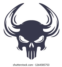 vector monochrome drawing human skull with horns on a white background