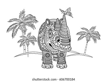 Vector monochrome drawing Zentangle style of a rhinoceros and a butterfly among the palm trees