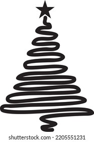 Vector monochrome drawn Christmas tree. New Year's line drawing. Black drawing of a plant with a star on top.
