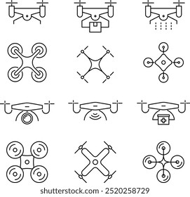 Vector Monochrome Drone Line Art Icon Set