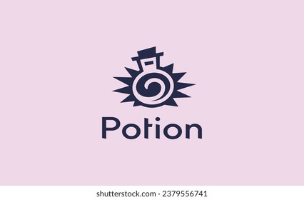 Vector Monochrome Dynamic Logo With Font Potion For Brand of Power Chemical Lab or Logotype Medical Company. Potion Bottle With Cork Flask and Shiny Raysin a Minimalist Style.