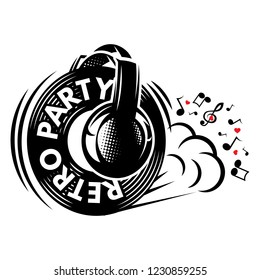 Vector monochrome, editable pattern with headphones, moving vinyl, music notes.