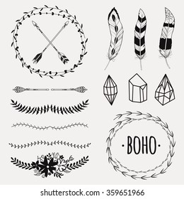 Vector Monochrome Ethnic Set With Arrows, Feathers, Crystals, Floral Frames, Borders. Modern Romantic Boho Style. Templates For Invitations, Scrapbooking. Hippie Design Elements.