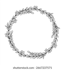 Vector monochrome evergreen berry branches isolated wreath line ink illustration. Foliage with berries round frame with copy space for text. Holiday template for Christmas, wedding invitation