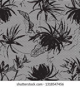 vector monochrome exotic flowers on  lace, or net texture background. lace floral pattern 