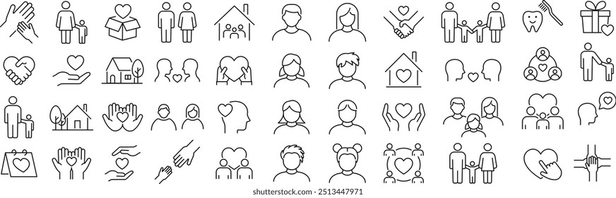 Vector Monochrome Family Line Drawing Icon Set