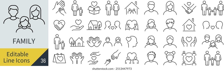 Vector Monochrome Family Line Drawing Icon Set