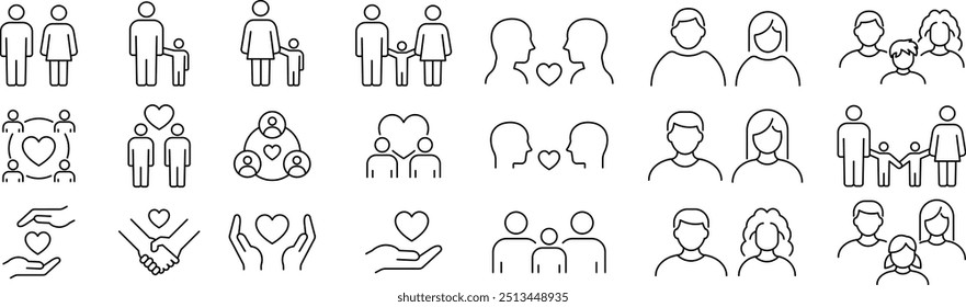 Vector Monochrome Family Love Line Drawing Icon Set