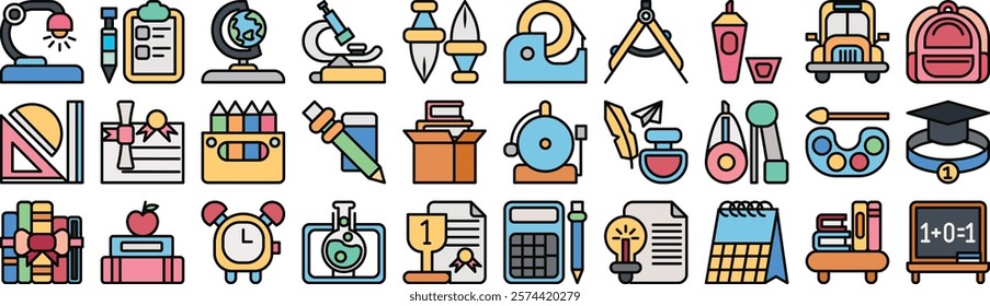 Vector monochrome filled line icon set for back to school