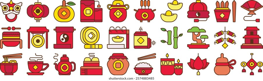 Vector monochrome filled outline icon set for lunar new year events