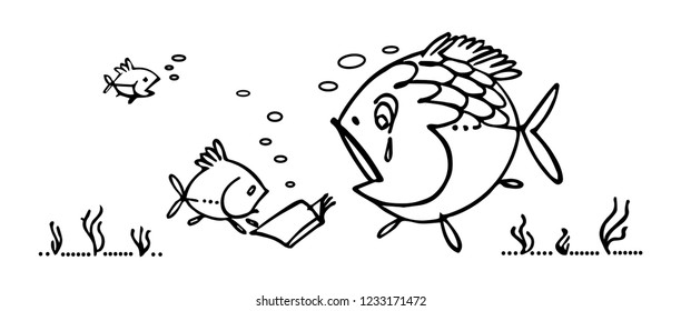 Vector monochrome fish read a cookbook. Isolated illustration.