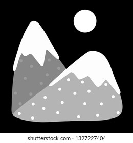 Vector monochrome flat icon for logo of mountain ski resorts, sign, stamping and stickers isolated on black background.