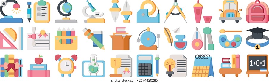 Vector monochrome flat icon set for back to school