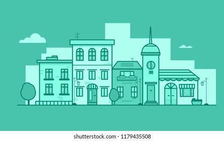 Vector monochrome flat illustration of town buildings