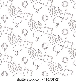 Vector monochrome flat pattern with different office stuff. Background for different sites and sources. Office, education, science themes. Design element.