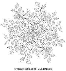 Vector Monochrome Floral Background. Hand Drawn Ornament with Flowers. Template for Greeting Card