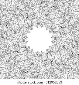 Vector Monochrome Floral Background. Hand Drawn Ornament with Floral Wreath. Template for Greeting Card